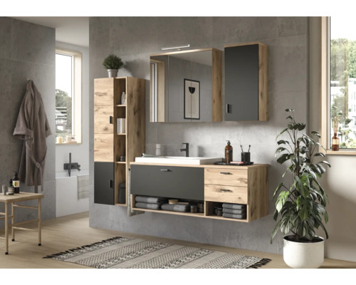 Badezimmer mit Waschtischunterschrank, Spiegelschrank, Hochschrank und Pflanze