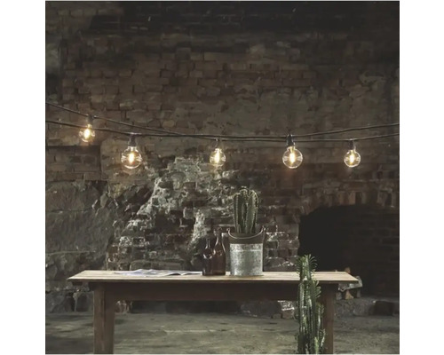 Lichterkette mit Glühbirnen über einem Holztisch mit Kakteen und Flaschen vor einer Backsteinmauer
