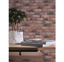 Décoration murale avec papier peint aspect pierre, plante et livres sur une table