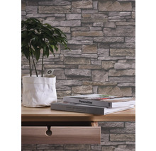 Gros plan d''un papier peint imitation pierre dans une pièce avec une plante et des livres sur une table.