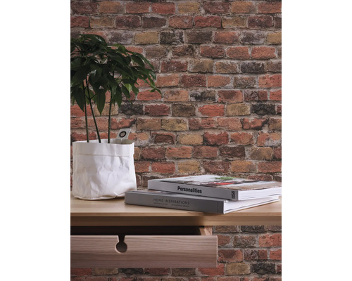 Papier peint à motif de briques, plante dans un sac en papier, livres sur la table