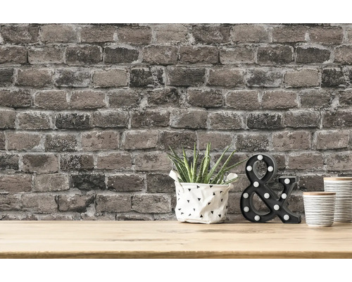 Mur avec papier peint en briques, plante, objet décoratif et gobelets sur une table