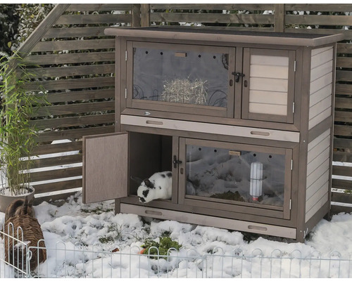 Clapier en bois avec lapin dans la neige