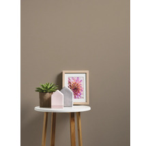 Dekoration mit Pflanze, Bilderrahmen und Zierhäusern auf Beistelltisch