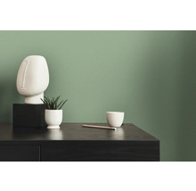 Dekorative weiße Skulptur, Zimmerpflanze und Schale auf einer schwarzen Kommode vor einer grünen Wand