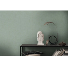 Gemütlicher Raum mit grüner Wand, dekoriert mit Skulptur und Accessoires auf einem Regal.