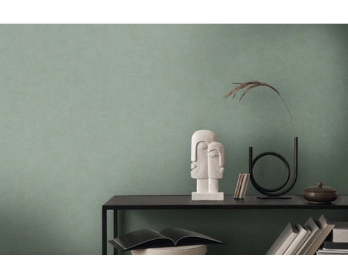 Gemütlicher Raum mit grüner Wand, dekoriert mit Skulptur und Accessoires auf einem Regal.