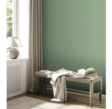 Wohnzimmer mit grüner Wand, Bank, Buch, Überwurf und Fenster