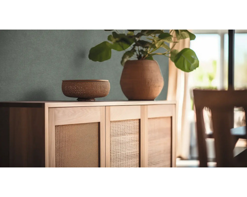 Kommode mit Flechtmusterfront, darauf eine Schale und ein Topf mit Pflanze