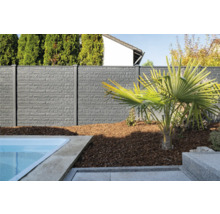 Clôture grise avec structure de mur à côté d''une piscine et d''un palmier
