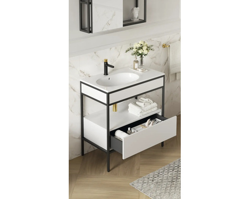 Meuble-lavabo avec cadre noir, lavabo à poser blanc et tiroir
