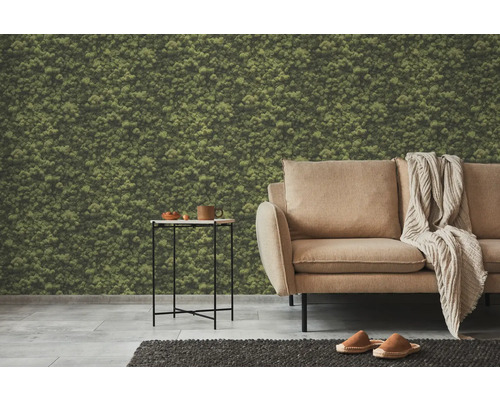 Salon avec papier peint mousse, canapé et table d''appoint