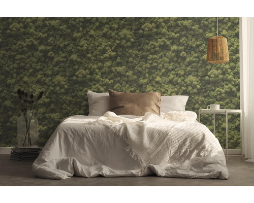 Chambre avec lit, table de chevet, lampe et papier peint imitation mousse