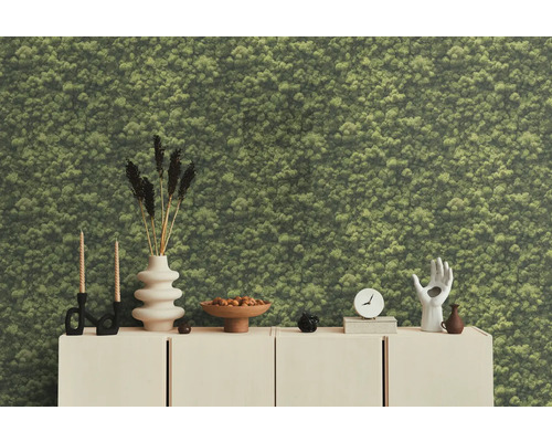 Mur de mousse décoratif avec commode et divers objets de décoration