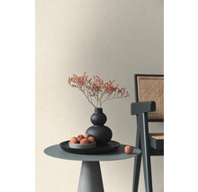 Scène d''intérieur décorative avec une petite table, un vase, des fleurs séchées et des fruits à côté d''une chaise.
