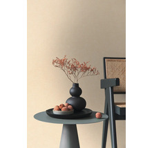 Scène décorative avec table d''appoint, vase, fleurs séchées et chaise devant un mur