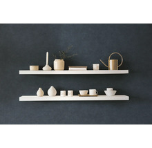 Deux étagères avec des objets de décoration sur un mur
