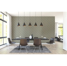 Salle à manger moderne avec mur tridimensionnel, table à manger et chaises