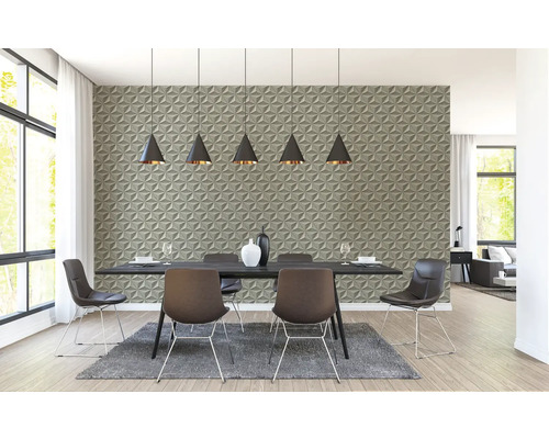 Salle à manger moderne avec mur tridimensionnel, table à manger et chaises