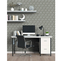Bureau avec bureau, chaise de bureau et panneaux muraux au design géométrique