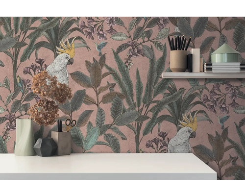 Papier peint avec motifs de plantes, d''oiseaux et de cacatoès