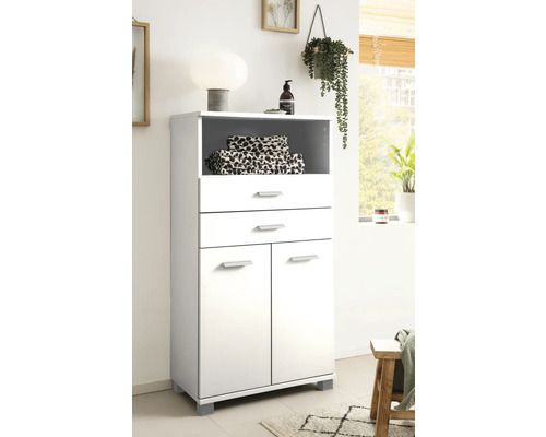 Meuble de salle de bains blanc avec étagère, tiroirs et portes