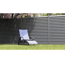 Scène de jardin avec chaise longue devant une clôture à lamelles