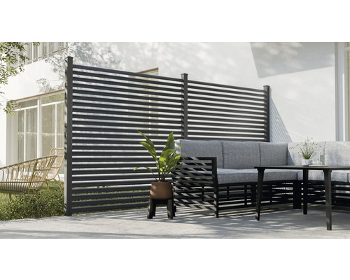 Scène avec écran d''intimité, ensemble de sièges de jardin et plante en pot