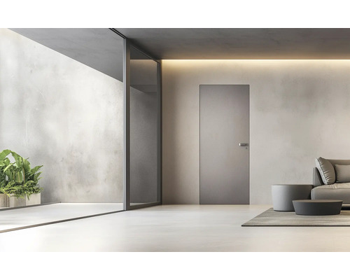 Modernes Interieur mit Tür, Glaswand, Pflanze und Sitzgelegenheit