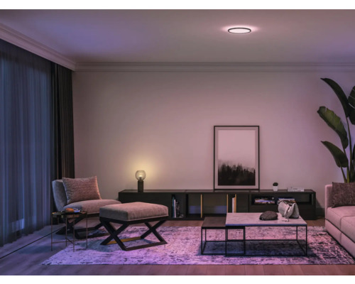 Wohnzimmer mit Deckenleuchte, Sessel, Sofa und Couchtisch