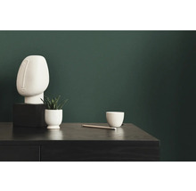 Dekorative Szene mit Skulptur, Pflanze, Tasse und Stift auf einem dunklen Tisch vor einer grünen Wand