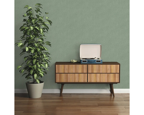 Dekorative Inneneinrichtung mit Kommode, Zimmerpflanze und Schallplattenspieler für eine gemütliche Atmosphäre