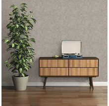 Dekorative Inneneinrichtung mit Kommode, Schallplattenspieler und Zimmerpflanze vor einer gemusterten Tapete