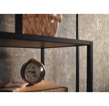 Dekorative Gegenstände auf einem schwarzen Metallregal vor einer braunen Wand