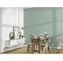 Esszimmer mit Holztisch und Stühlen vor mintgrüner Wand