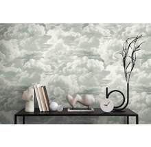 Scène d''intérieur avec papier peint nuageux, livres, décorations et une horloge sur une table noire.