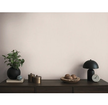 Objets de décoration tels qu''une plante, une lampe et des bols sur une commode en bois foncé.