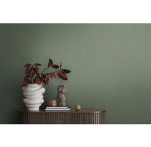 Gros plan d''un papier peint structuré vert servant de fond à un intérieur avec plante, décoration et meuble