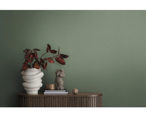 Gros plan d''un papier peint structuré vert servant de fond à un intérieur avec plante, décoration et meuble