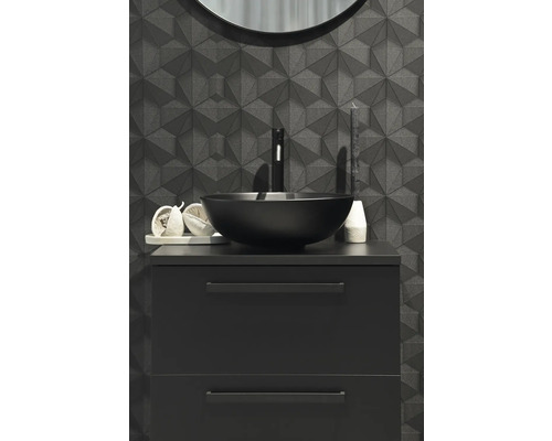 Salle de bains moderne avec meuble sous-vasque, vasque à poser et design mural géométrique