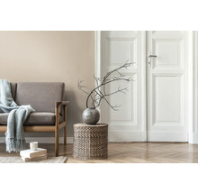 Salon avec canapé, table d''appoint en osier, vase avec des branches et porte en bois