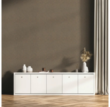 Aménagement de pièce avec papier peint vinyle marron à motifs, armoire blanche et décoration