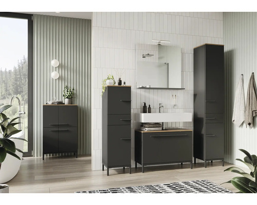 Salle de bains moderne avec lavabo, armoire de toilette et meubles de salle de bains anthracite