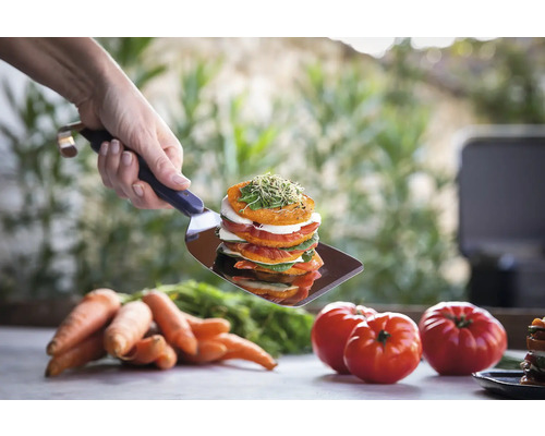 Une pile de légumes est servie avec une spatule, des carottes et des tomates sont à côté.