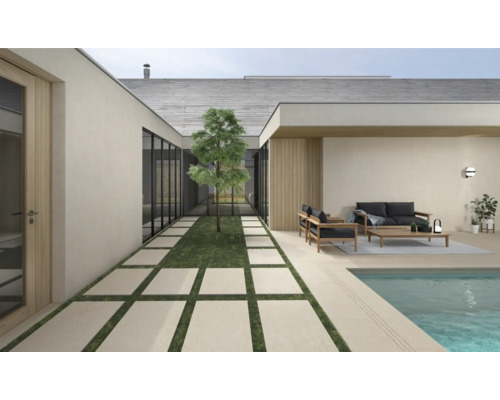 Aussenbereich mit Pool, Sitzgelegenheiten und Plattenweg