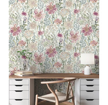 Papier peint photo à motif floral dans un bureau lumineux avec bureau et chaise