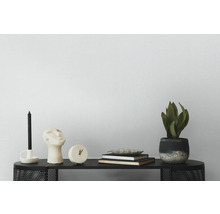 Dekorative Szene mit Kerze, Skulptur, Uhr, Büchern, Schale und Topfpflanze auf einem schwarzen Tisch.