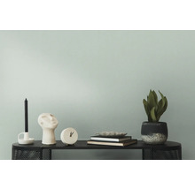 Dekorative Gegenstände auf einem schwarzen Tisch, darunter eine Kerze, eine Skulptur, eine Uhr, Bücher und eine Pflanze.