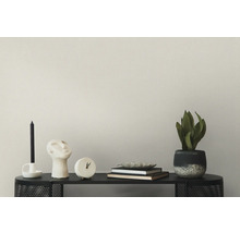 Dekoratives Stillleben auf einem schwarzen Regal mit Kerze, Skulptur, Uhr, Büchern und Topfpflanze.