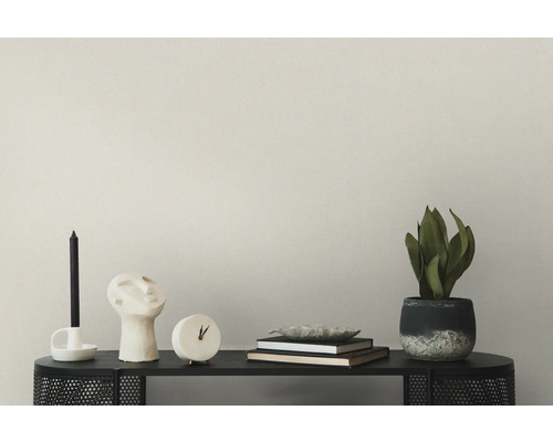 Dekoratives Stillleben auf einem schwarzen Regal mit Kerze, Skulptur, Uhr, Büchern und Topfpflanze.